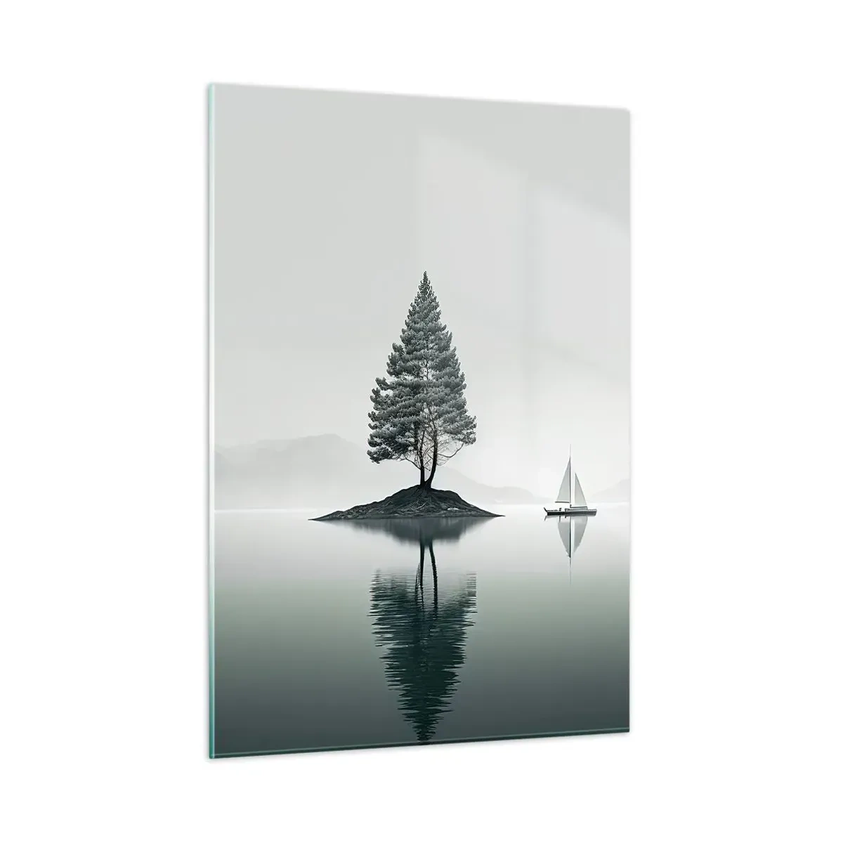 Cuadro sobre vidrio - Impresiones sobre Vidrio - Un árbol solitario en una isla y un velero en un lago tranquilo. - 50x70cm - Un sueño hecho realidad - Decoración de pared moderna para salón y dormitorio ARTTOR