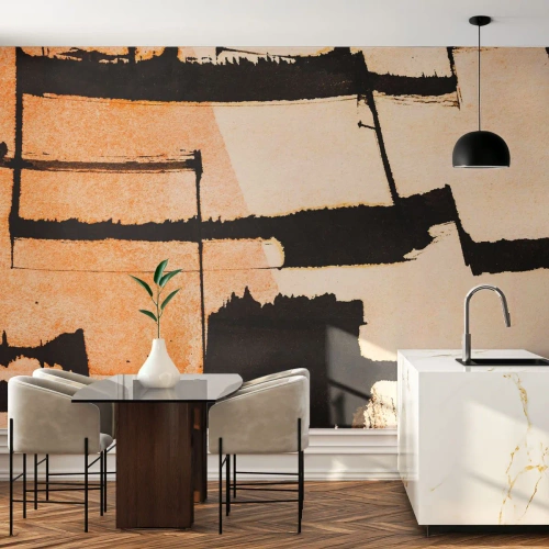 Fotomural Premium Sand - Formas geométricas beige y negras en estilo abstracto. - 100x70cm - Aun así hay orden - Decoración de pared moderna para salón y dormitorio ARTTOR