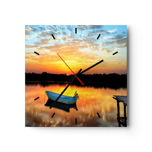 Reloj de pared - Reloj de vidrio - Un barco en un lago tranquilo durante la puesta de sol. - 30x30cm - Mirar, escuchar, meditar - Decoración de pared moderna para salón y dormitorio ARTTOR