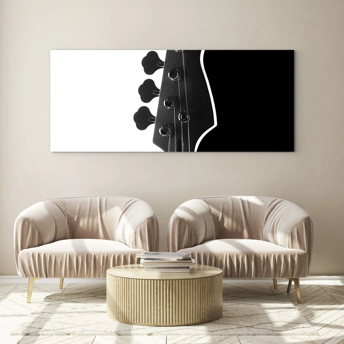 Cuadro sobre vidrio - Impresiones sobre Vidrio - Silueta en blanco y negro del clavijero de un bajo - 140x50cm - Silencio musical - Decoración de pared moderna para salón y dormitorio ARTTOR