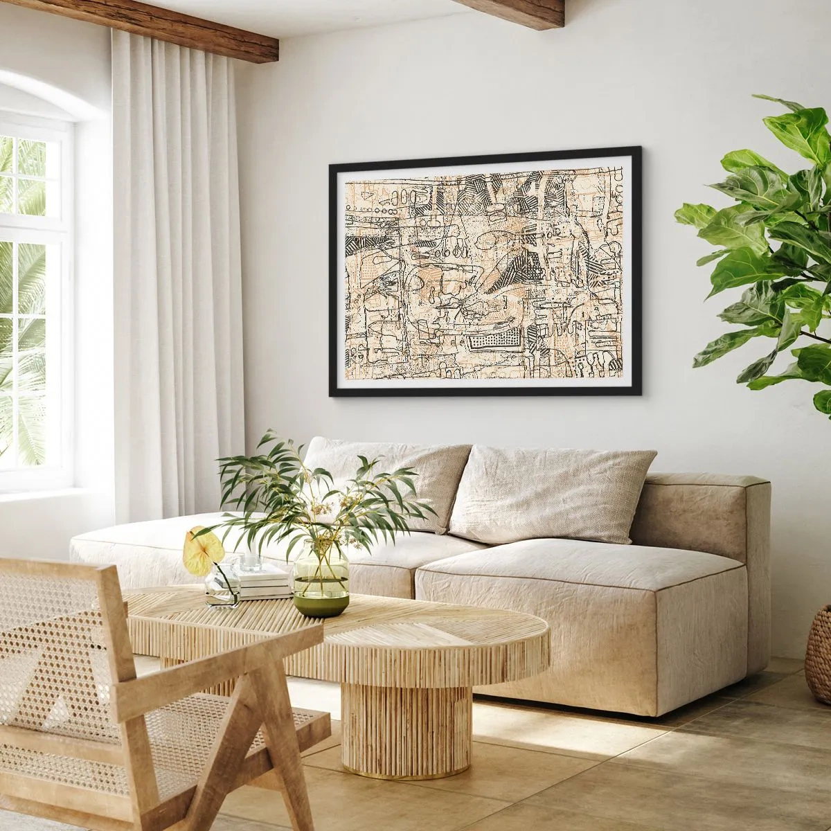 Póster en marco negro - Patrones y líneas abstractas sobre un fondo beige - 70x50cm - A la espera de ser descifrado - Decoración de pared moderna para salón y dormitorio ARTTOR