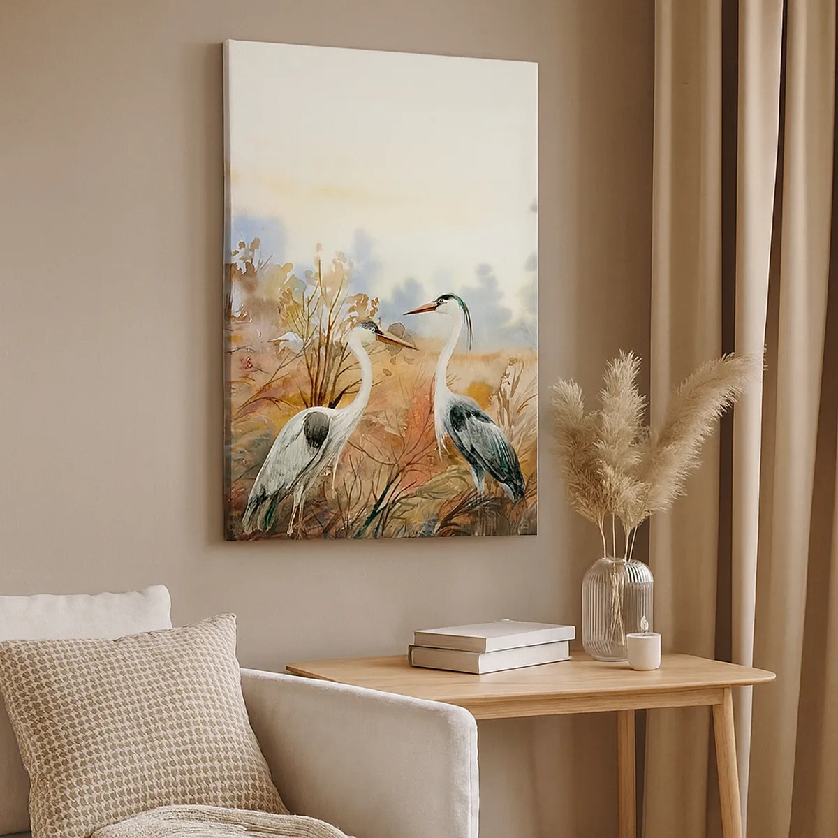 Cuadro sobre lienzo - Impresión de Imagen - Dos garzas sobre el fondo de un paisaje otoñal. - 50x70cm - ¿A dónde nos dirigimos en otoño? - Decoración de pared moderna para salón y dormitorio ARTTOR