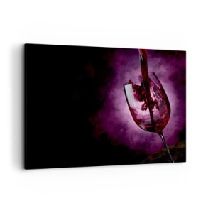 Cuadro sobre lienzo - Impresión de Imagen - Vino tinto vertido en una copa sobre un fondo de humo púrpura. - 100x70cm - ¿Escarlata? ¿Carmín? No, rubí. - Decoración de pared moderna para salón y dormitorio ARTTOR
