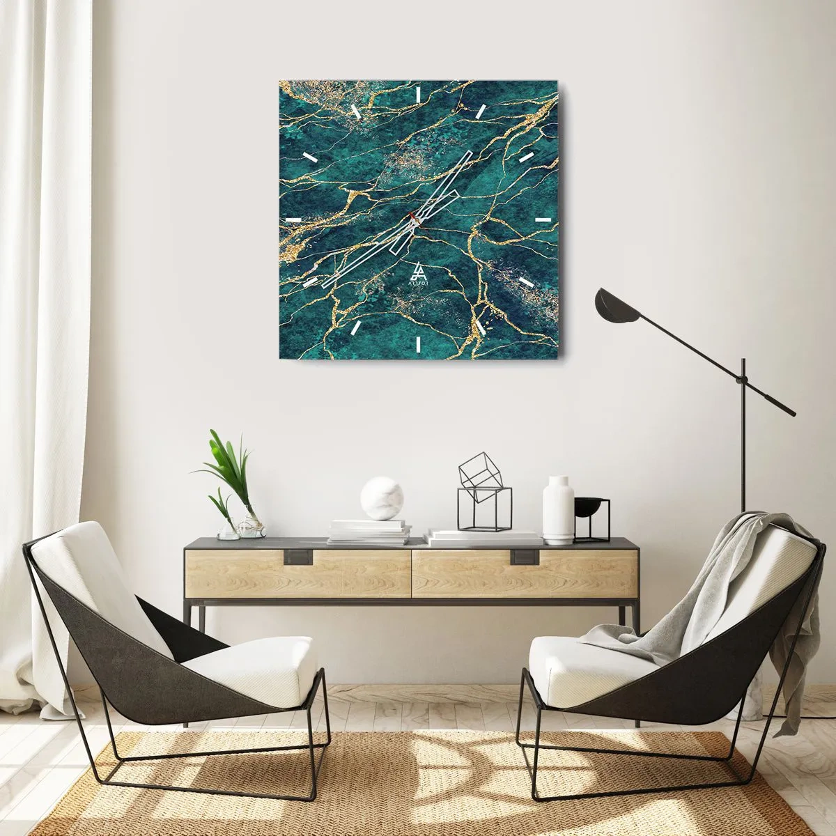 Reloj de pared - Reloj de vidrio - Patrón de mármol texturizado en tonos turquesa y dorado. - 30x30cm - Riachuelos de oro - Decoración de pared moderna para salón y dormitorio ARTTOR