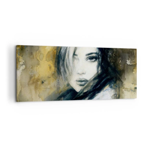 Cuadro sobre lienzo - Impresión de Imagen - Retrato de una mujer sobre un fondo de manchas abstractas en tonos beige. - 120x50cm - Inocente y sensual - Decoración de pared moderna para salón y dormitorio ARTTOR