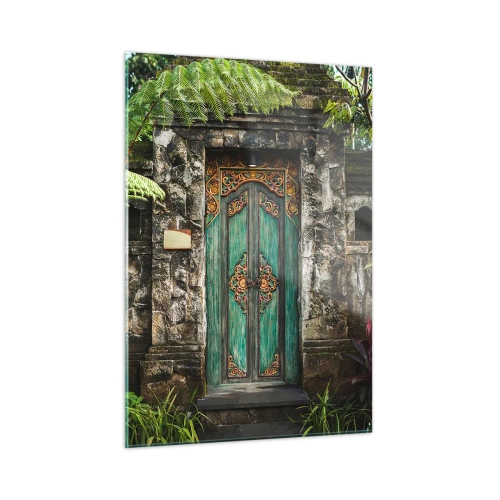 Cuadro sobre vidrio - Impresiones sobre Vidrio - Puerta turquesa adornada en un muro de piedra rodeado de vegetación tropical. - 50x70cm - Una puerta a un mundo exótico - Decoración de pared moderna para salón y dormitorio ARTTOR
