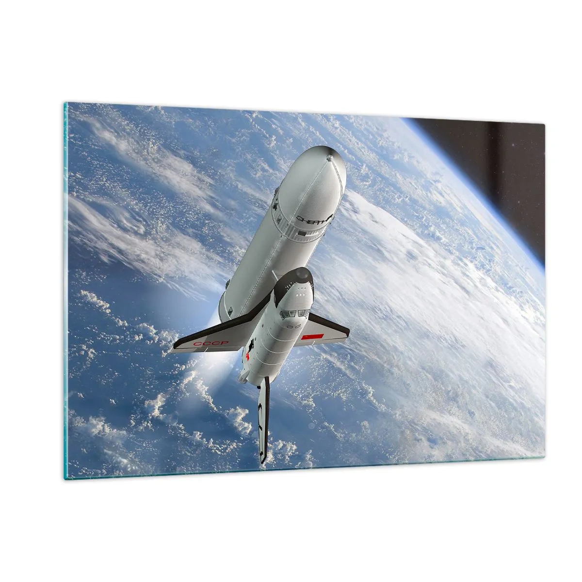 Cuadro sobre vidrio - Impresiones sobre Vidrio - Un transbordador espacial despegando en el espacio con la Tierra al fondo. - 120x80cm - Ascensión cósmica - Decoración de pared moderna para salón y dormitorio ARTTOR