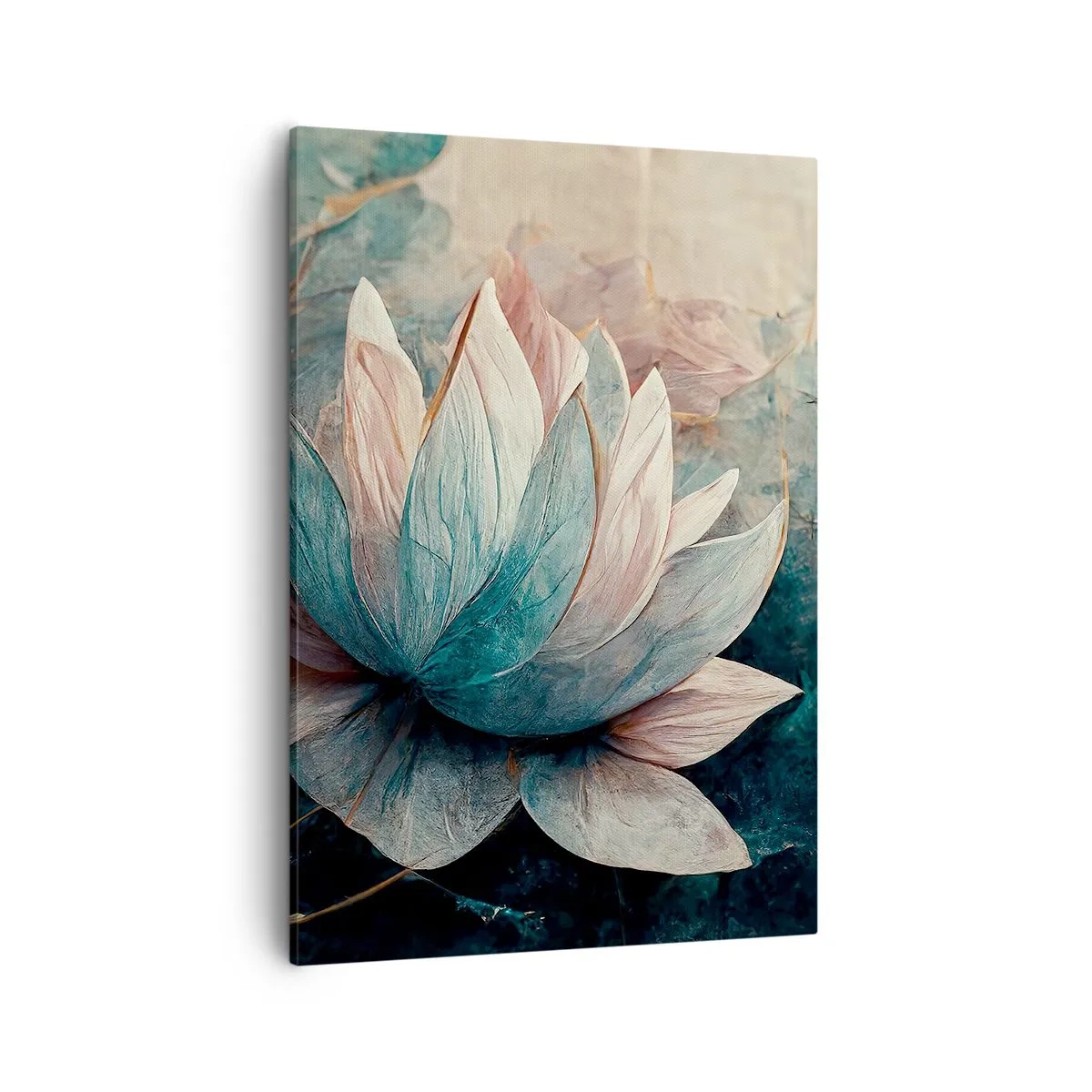 Cuadro sobre lienzo - Impresión de Imagen - Nenúfares sutiles en tonos pastel de azul y dorado. - 50x70cm - Estrellas de lago - Decoración de pared moderna para salón y dormitorio ARTTOR