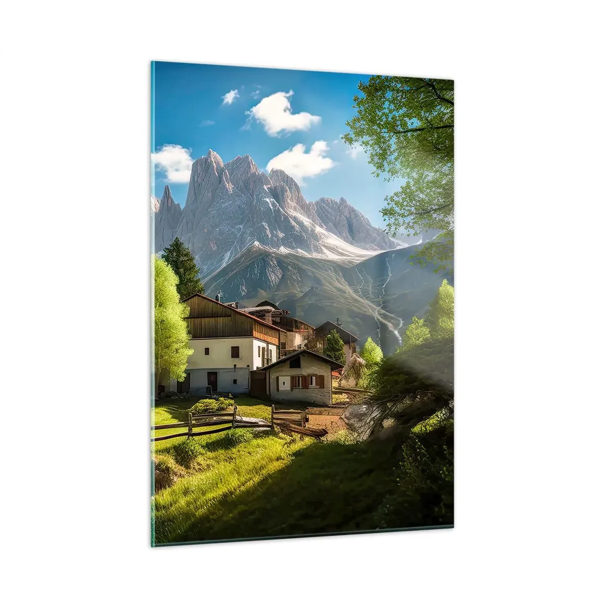Cuadro sobre vidrio - Impresiones sobre Vidrio - Desarrollo rural en un entorno verde al pie de los picos alpinos - 50x70cm - Idilio alpino - Decoración de pared moderna para salón y dormitorio ARTTOR