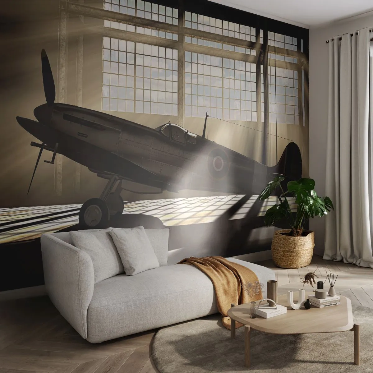 Fotomural Premium Sand - El descanso del guerrero - Aeronave, Hangar de aviación, Avión - 350x256 cm