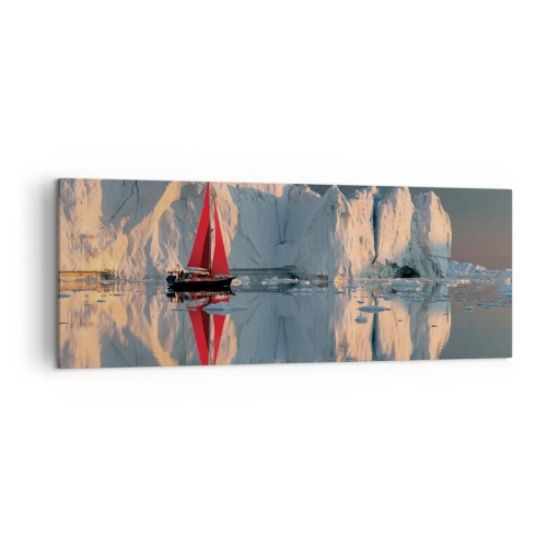 Cuadro sobre lienzo - Impresión de Imagen - Un velero con una vela roja con el fondo de un glaciar. - 140x50cm - En el límite del mundo - Decoración de pared moderna para salón y dormitorio ARTTOR