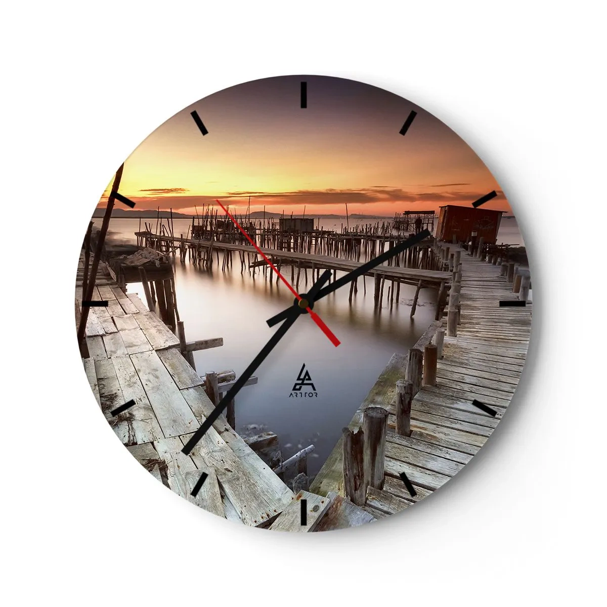 Reloj de pared - Reloj de vidrio - Muelle pintoresco al atardecer - 30x30cm - Auténtico, sublime - Decoración de pared moderna para salón, cocina y dormitorio ARTTOR