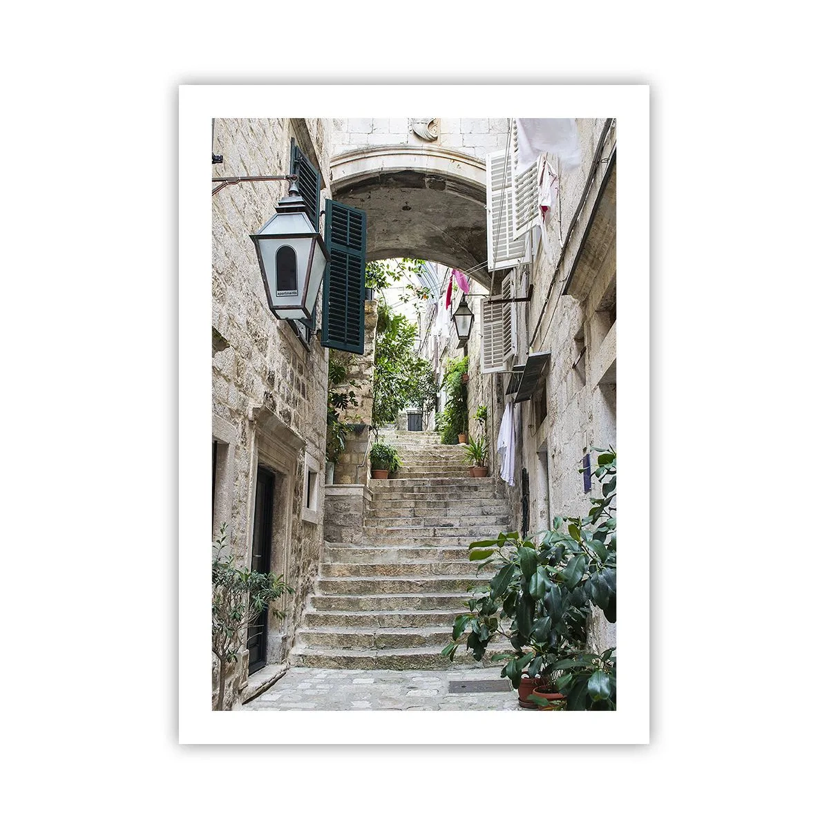 Póster - Una pintoresca calle de piedra con escaleras y vegetación. - 50x70cm - Una encantadora callejuela - Decoración de pared moderna para salón y dormitorio ARTTOR