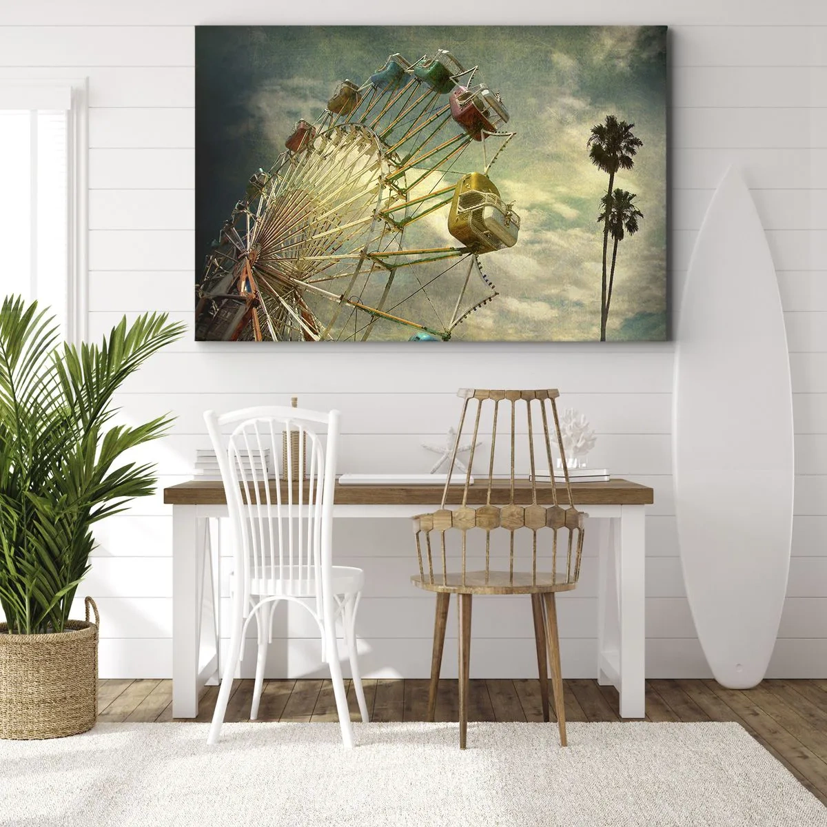 Cuadro sobre lienzo - Impresión de Imagen - Fotografía retro de una noria con palmeras contra el cielo. - 70x50cm - Será, será un día estupendo.... - Decoración de pared moderna para salón y dormitorio ARTTOR