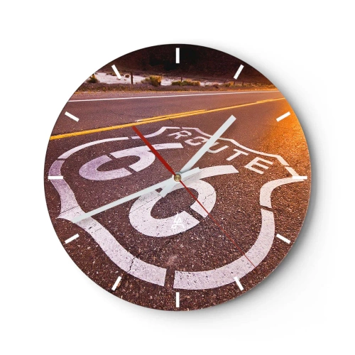 Reloj de pared - Reloj de vidrio - Símbolo de la Ruta 66 en una carretera pavimentada al atardecer - 30x30cm - La famosa Ruta 66 - Decoración de pared moderna para salón, cocina y dormitorio ARTTOR