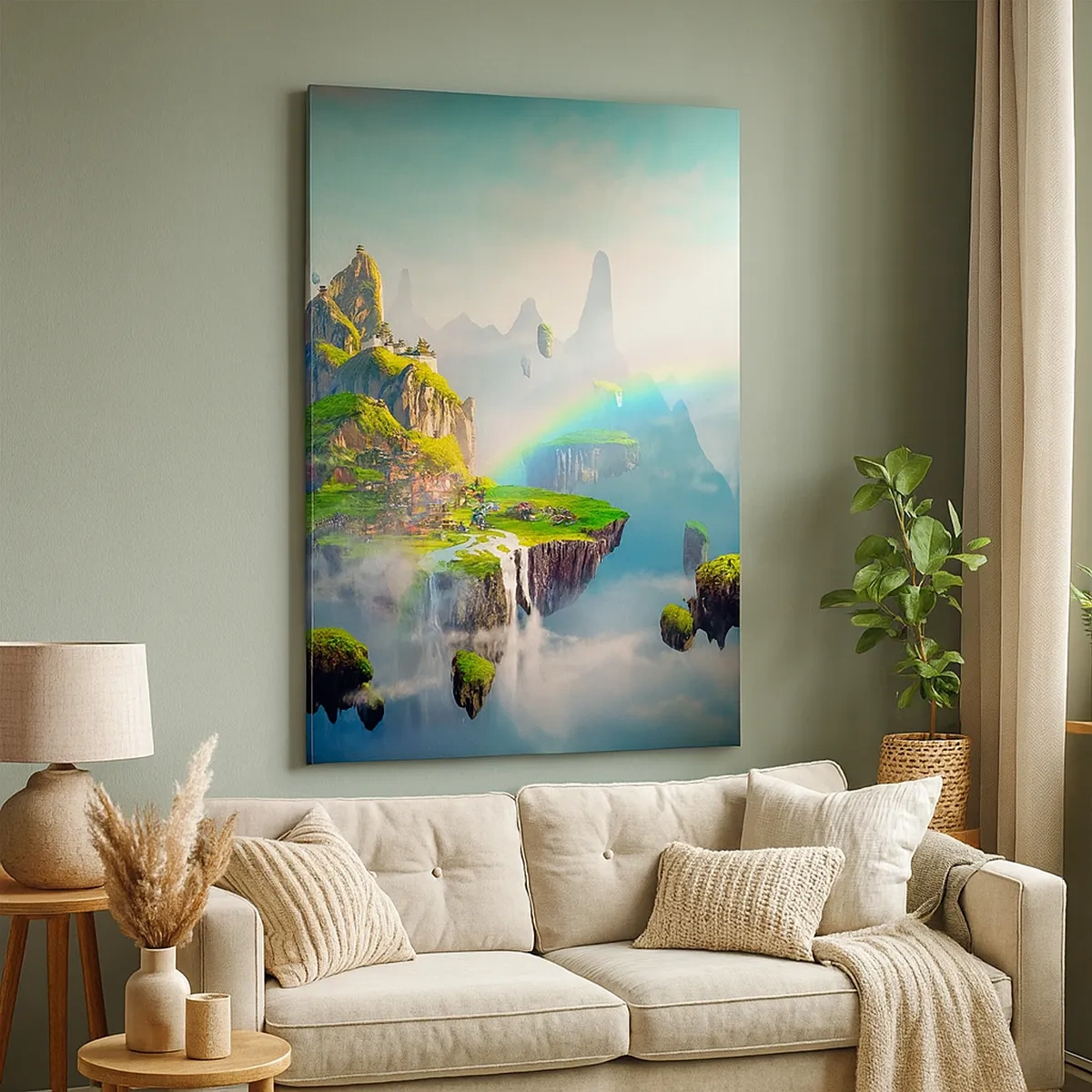 Cuadro sobre lienzo - Impresión de Imagen - Islas voladoras entre las nubes con un arcoíris en el horizonte. - 50x70cm - El medio de la nada - islas flotantes - Decoración de pared moderna para salón y dormitorio ARTTOR