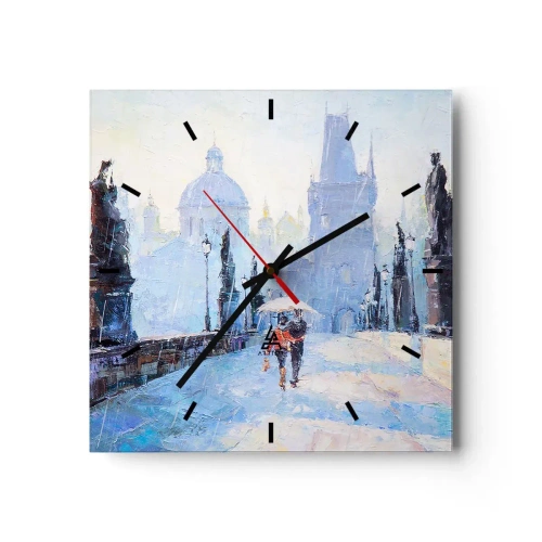 Reloj de pared - Reloj de vidrio - Pareja romántica en un puente bajo la lluvia, una escena pictórica - 30x30cm - El embrujo de la lluvia - Decoración de pared moderna para salón y dormitorio ARTTOR