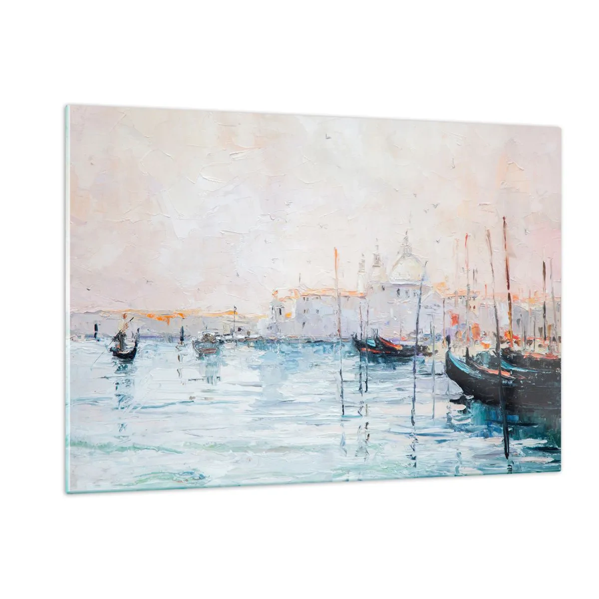 Cuadro sobre vidrio - Impresiones sobre Vidrio - Paisaje impresionista con barcos y edificios. - 120x80cm - Más allá del agua, más allá de la niebla - Decoración de pared moderna para salón y dormitorio ARTTOR