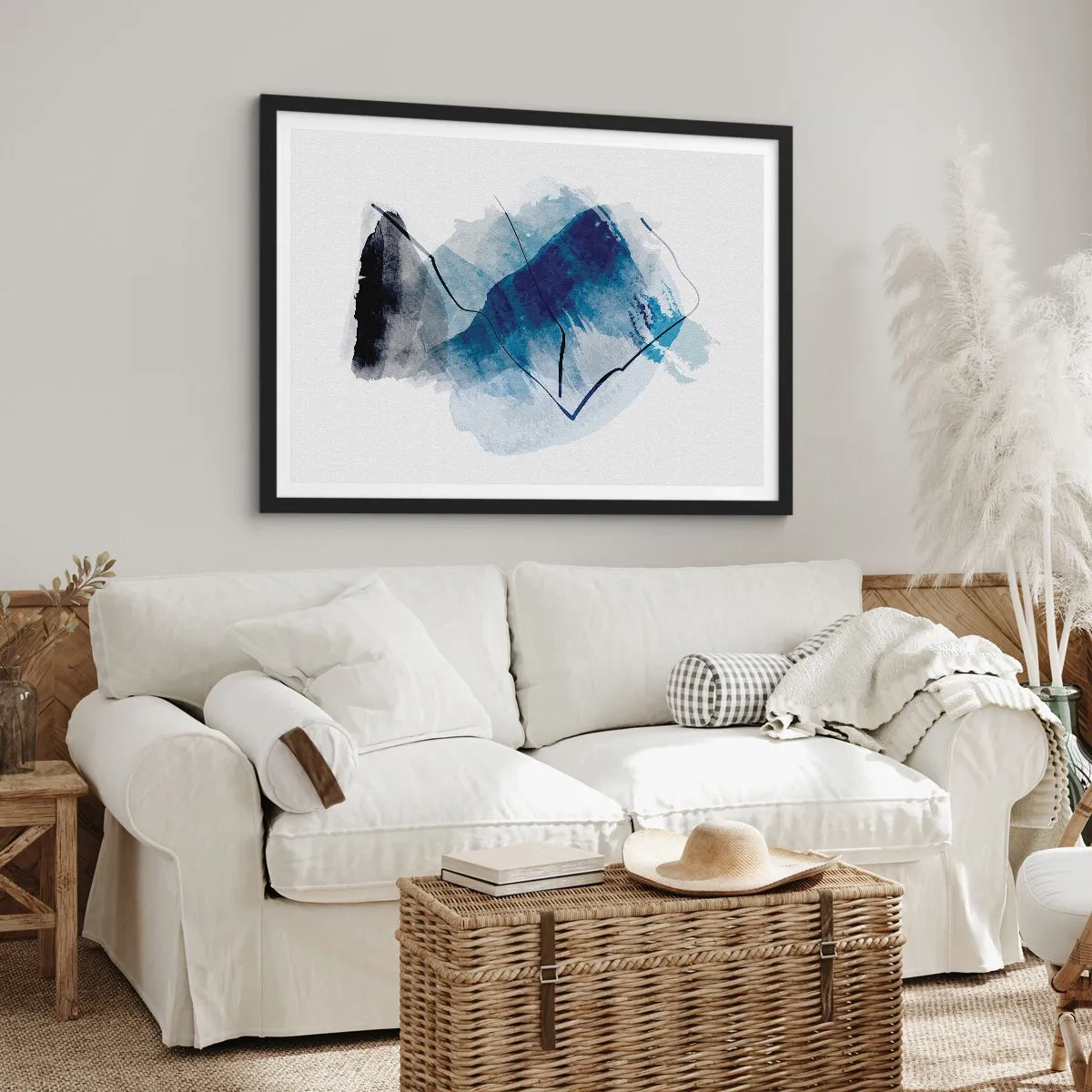 Póster en marco negro - Formas abstractas en tonos azules con líneas delicadas. - 70x50cm - Montaña helada - Decoración de pared moderna para salón y dormitorio ARTTOR