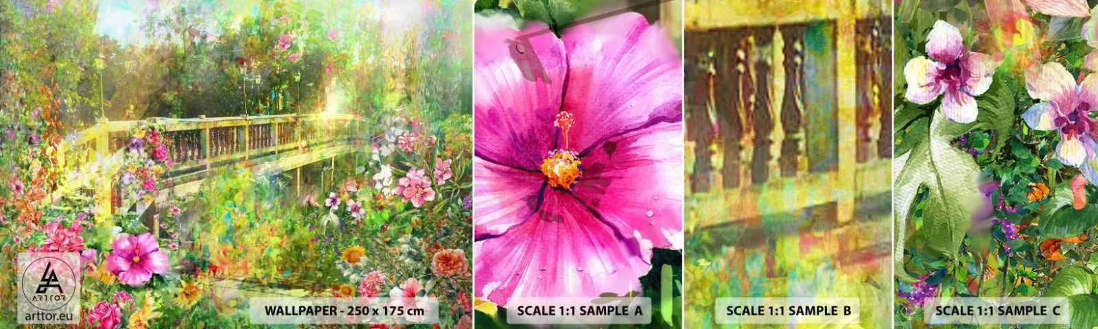 Muestra de fotomural autoadhesivo Deluxe Sticker - Un puente de suspiros de primavera - Paisaje, flores, Jardín - 100x30 cm