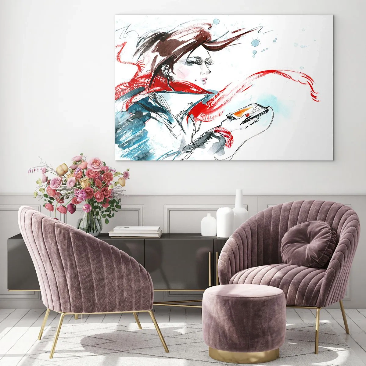 Cuadro sobre vidrio - Impresiones sobre Vidrio - Una mujer con un pañuelo rojo con detalles dinámicos y esquemáticos. - 70x50cm - Algo suena dentro de mí - Decoración de pared moderna para salón y dormitorio ARTTOR