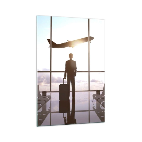 Cuadro sobre vidrio - Impresiones sobre Vidrio - Hombre de negocios en el aeropuerto con un avión al fondo - 70x100cm - Tienes tiempo, tranquilo - Decoración de pared moderna para salón y dormitorio ARTTOR