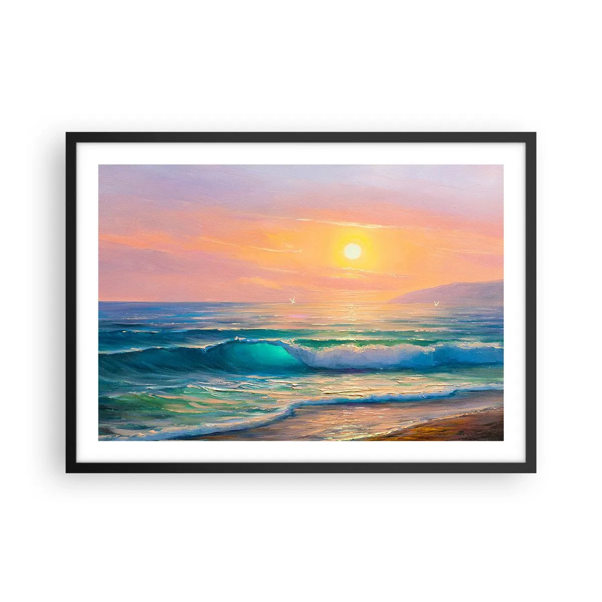 Póster en marco negro - Paisaje marino con puesta de sol - 70x50cm - El canto turquesa de las olas - Decoración de pared moderna para salón y dormitorio ARTTOR
