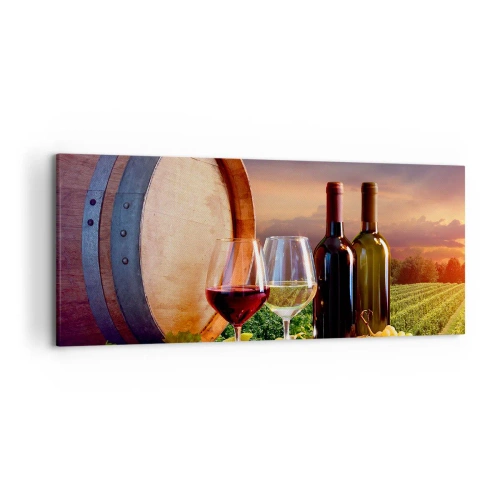 Cuadro sobre lienzo - Impresión de Imagen - Vino, copas y un barril en un paisaje pintoresco. - 120x50cm - Aquí la vida tiene un sabor - Decoración de pared moderna para salón y dormitorio ARTTOR