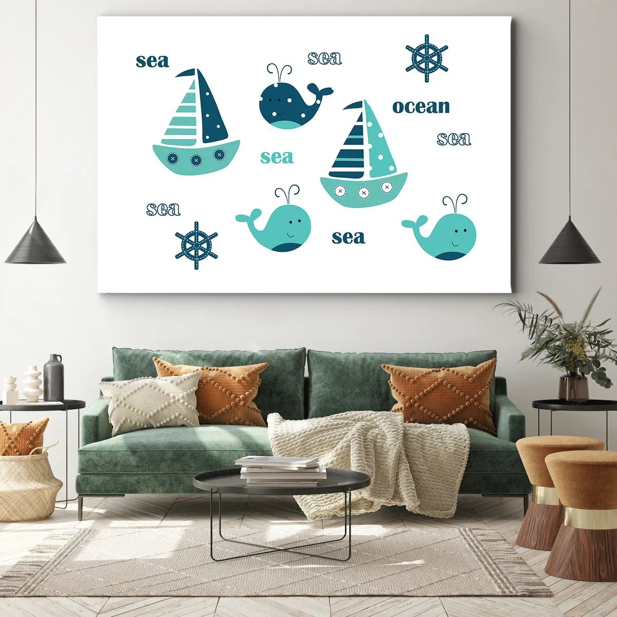 Cuadro sobre lienzo - Impresión de Imagen - Encantadores motivos náuticos con ballenas y veleros. - 70x50cm - A través de mares y océanos - Decoración de pared moderna para salón y dormitorio ARTTOR