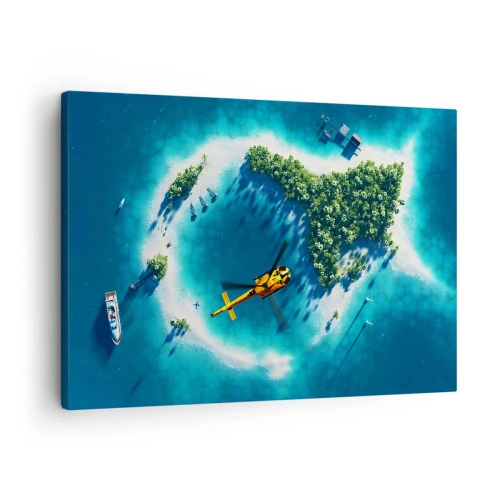 Cuadro sobre lienzo - Impresión de Imagen - Una isla tropical rodeada de agua turquesa con un helicóptero a la vista. - 70x50cm - Cómprate una isla - Decoración de pared moderna para salón y dormitorio ARTTOR
