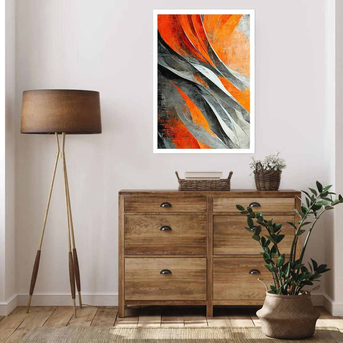 Póster - Abstracción dinámica en tonos naranja y gris. - 50x70cm - Calor y frío - Decoración de pared moderna para salón y dormitorio ARTTOR