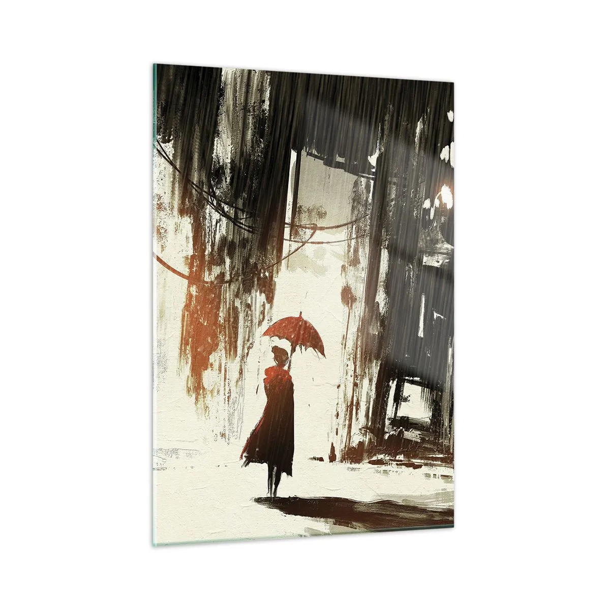 Cuadro sobre vidrio - Impresiones sobre Vidrio - Una persona con un paraguas rojo bajo la lluvia contra un fondo de ciudad oscura. - 50x70cm - Poesía de un paraguas rojo - Decoración de pared moderna para salón y dormitorio ARTTOR