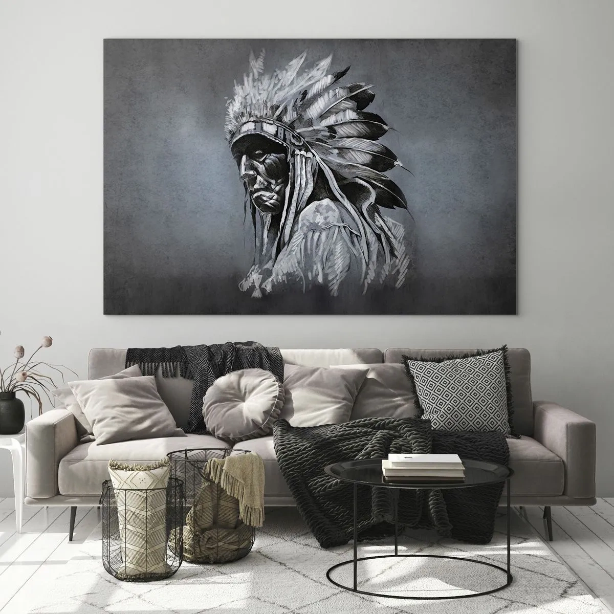 Cuadro sobre vidrio - Impresiones sobre Vidrio - Retrato de un hombre con un tocado de plumas sobre un fondo gris oscuro. - 120x80cm - Regreso a las raíces - Decoración de pared moderna para salón y dormitorio ARTTOR