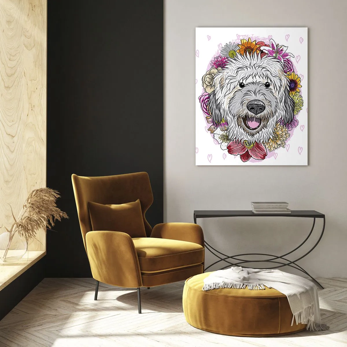 Cuadro sobre vidrio - Impresiones sobre Vidrio - Un perro rodeado de flores de colores. - 80x120cm - Alegría de cachorro - Decoración de pared moderna para salón y dormitorio ARTTOR