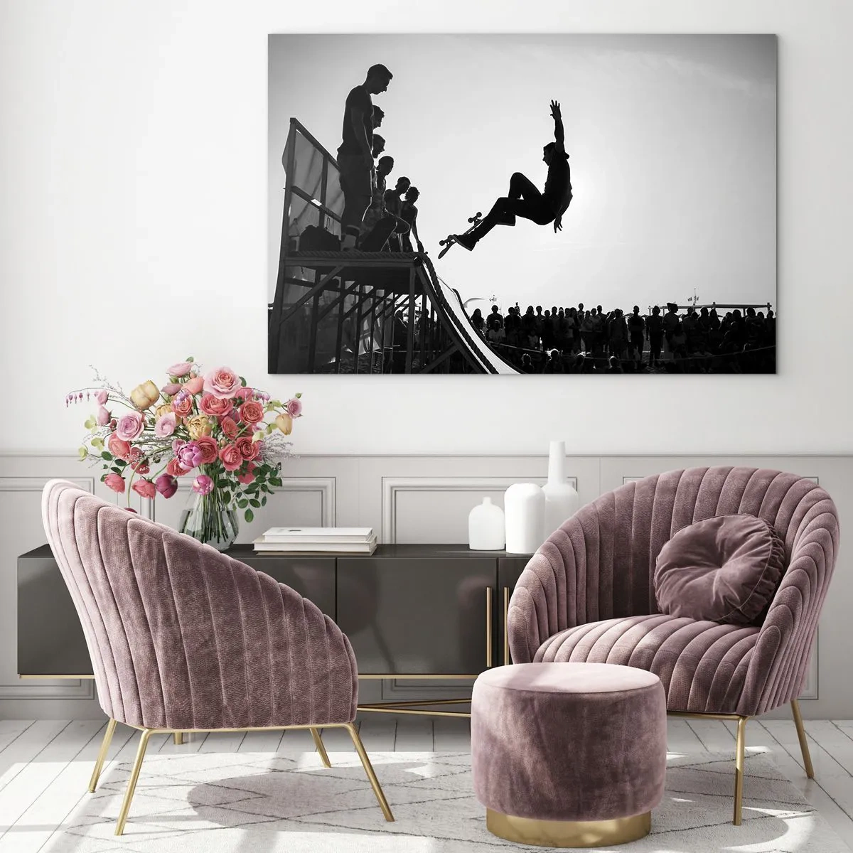 Cuadro sobre vidrio - Impresiones sobre Vidrio - Patinador blanco y negro en el aire - 70x50cm - Héroes y espectadores - Decoración de pared moderna para salón y dormitorio ARTTOR