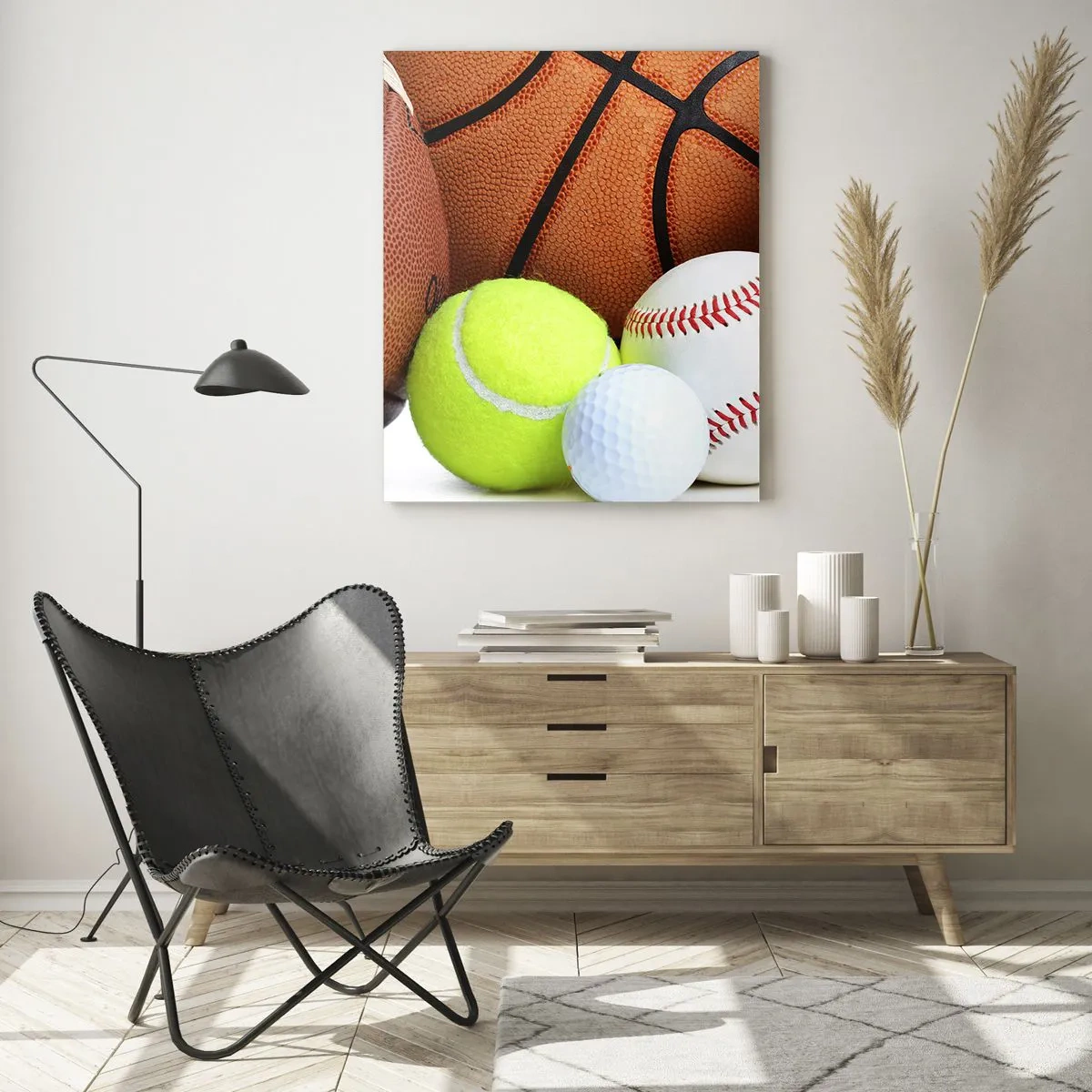 Cuadro sobre vidrio - Impresiones sobre Vidrio - Un conjunto de pelotas deportivas sobre un fondo blanco. - 50x70cm - Unidos por el deporte - Decoración de pared moderna para salón y dormitorio ARTTOR