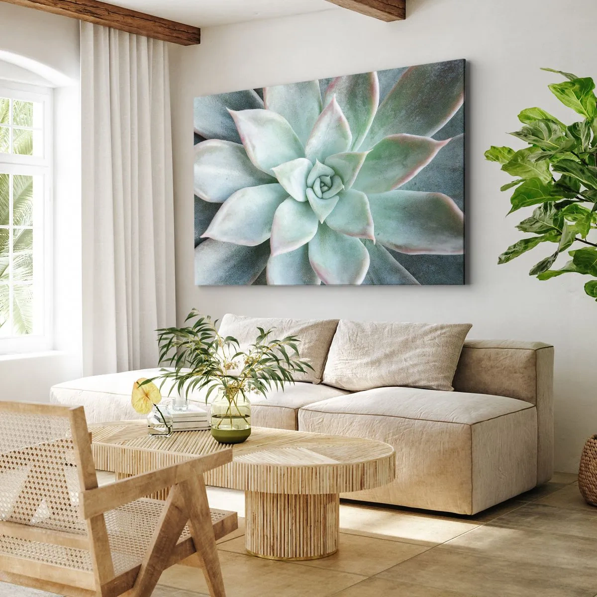 Cuadro sobre lienzo - Impresión de Imagen - Primer plano de una suculenta verde - 100x70cm - El corazón del desierto - Decoración de pared moderna para salón y dormitorio ARTTOR