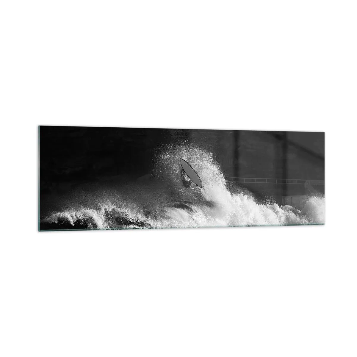 Cuadro sobre vidrio - Impresiones sobre Vidrio - Un surfista montando una ola en monocromo. - 160x50cm - Desafío aceptado - Decoración de pared moderna para salón y dormitorio ARTTOR