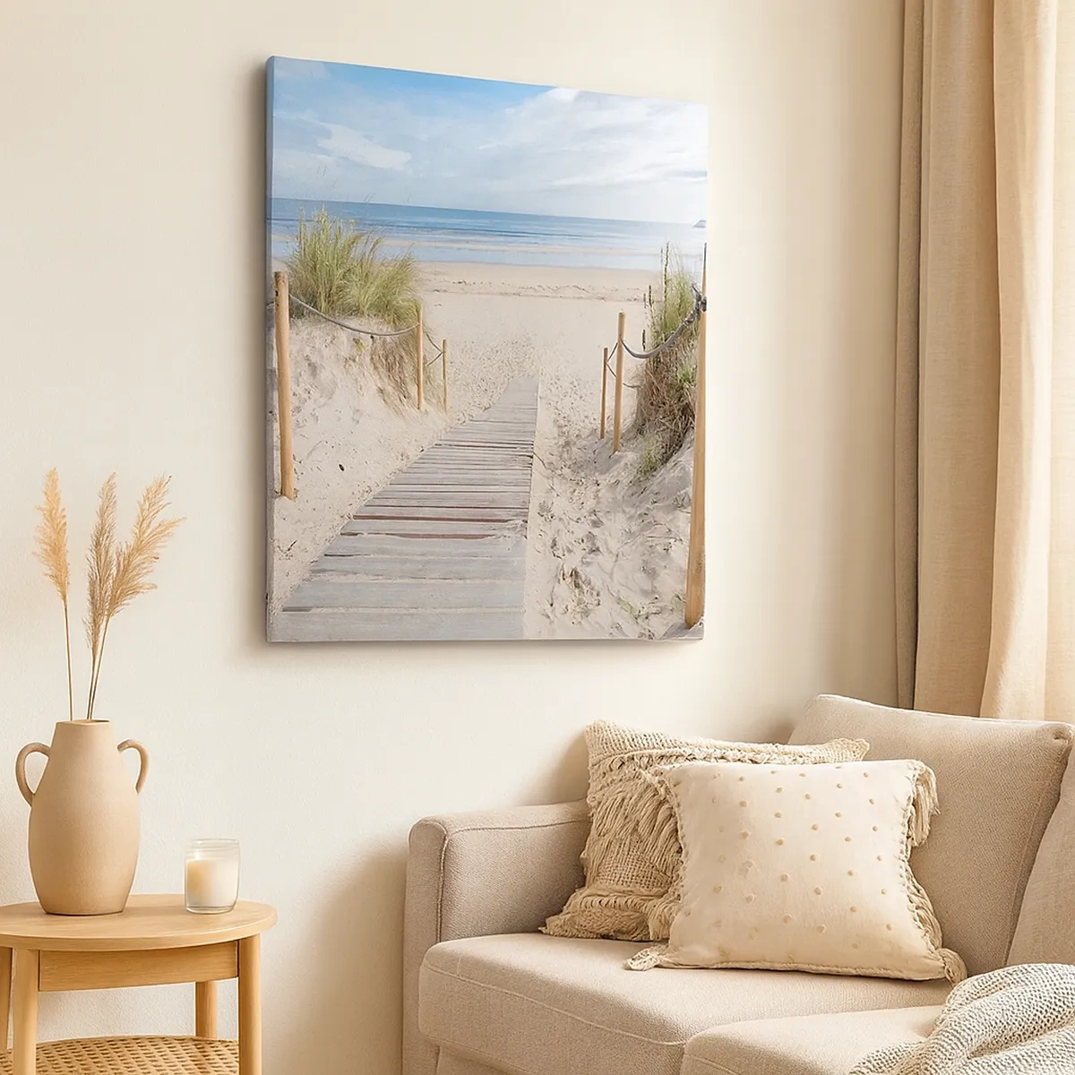 Cuadro sobre lienzo - Impresión de Imagen - Un camino de tablones que conduce a una playa de arena. - 50x70cm - Hasta el horizonte - Decoración de pared moderna para salón y dormitorio ARTTOR