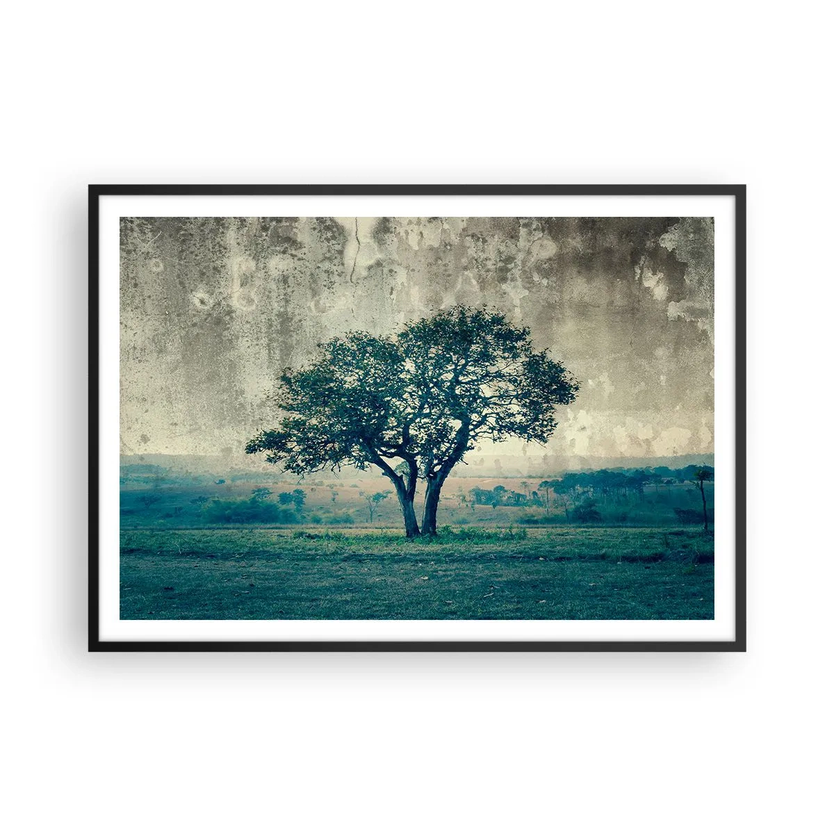 Póster en marco negro - Un árbol solitario contra un paisaje brumoso. - 100x70cm - El manzano - Decoración de pared moderna para salón y dormitorio ARTTOR
