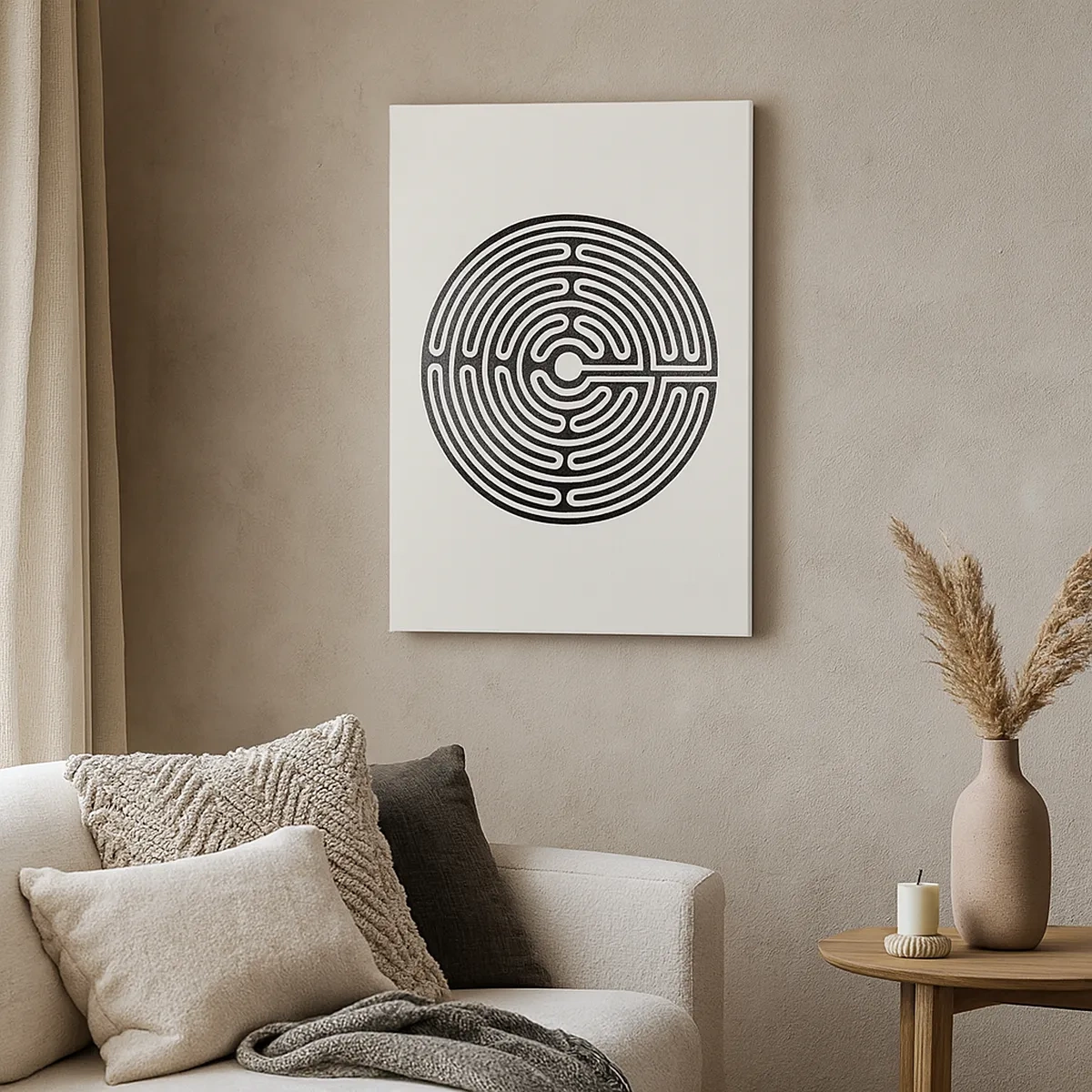 Cuadro sobre lienzo - Impresión de Imagen - Laberinto circular en blanco y negro sobre un fondo claro - 50x70cm - Orden misterioso - Decoración de pared moderna para salón y dormitorio ARTTOR