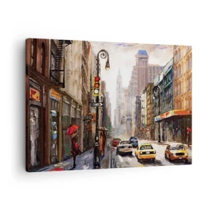 Cuadro sobre lienzo - Impresión de Imagen - Paisaje urbano con una calle y taxis amarillos - 70x50cm - Nueva York - también colorida bajo la lluvia - Decoración de pared moderna para salón y dormitorio ARTTOR