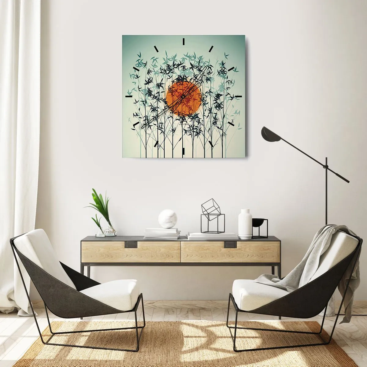 Reloj de pared - Reloj de vidrio - Sol naranja entre las ramas de bambú. - 30x30cm - El sol de Japón - Decoración de pared moderna para salón y dormitorio ARTTOR
