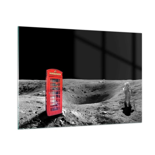 Cuadro sobre vidrio - Impresiones sobre Vidrio - Una cabina telefónica roja en la superficie lunar con un astronauta. - 100x70cm - Una broma cósmica - Decoración de pared moderna para salón y dormitorio ARTTOR