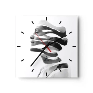 Reloj de pared - Reloj de vidrio - Retrato en blanco y negro de una mujer con un efecto de rayas surrealista. - 30x30cm - Retrato surrealista - Decoración de pared moderna para salón y dormitorio ARTTOR
