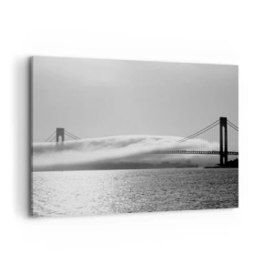 Cuadro sobre lienzo - Impresión de Imagen - Un puente sobre el agua envuelto en niebla en una toma en blanco y negro. - 120x80cm - Navegue por el Golden Gate - Decoración de pared moderna para salón y dormitorio ARTTOR