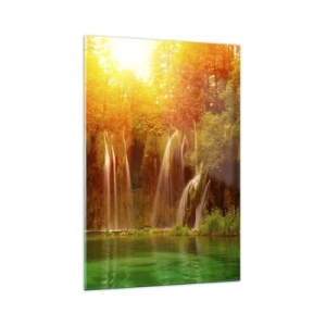 Cuadro sobre vidrio - Impresiones sobre Vidrio - Cascadas rodeadas de vegetación bajo el resplandor del sol poniente. - 70x100cm - Sol y sombra - Decoración de pared moderna para salón y dormitorio ARTTOR