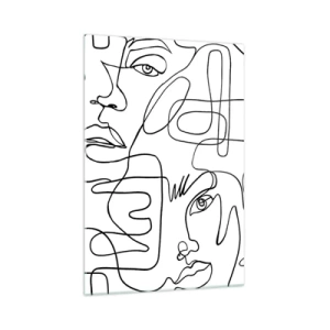 Cuadro sobre vidrio - Impresiones sobre Vidrio - Un dibujo minimalista de una cara con líneas sobre un fondo claro. - 70x100cm - Entre emociones enredadas - Decoración de pared moderna para salón y dormitorio ARTTOR