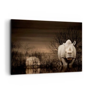 Cuadro sobre lienzo - Impresión de Imagen - Rinoceronte entre árboles al atardecer, naturaleza salvaje. - 100x70cm - El blanco contra la naturaleza - Decoración de pared moderna para salón y dormitorio ARTTOR