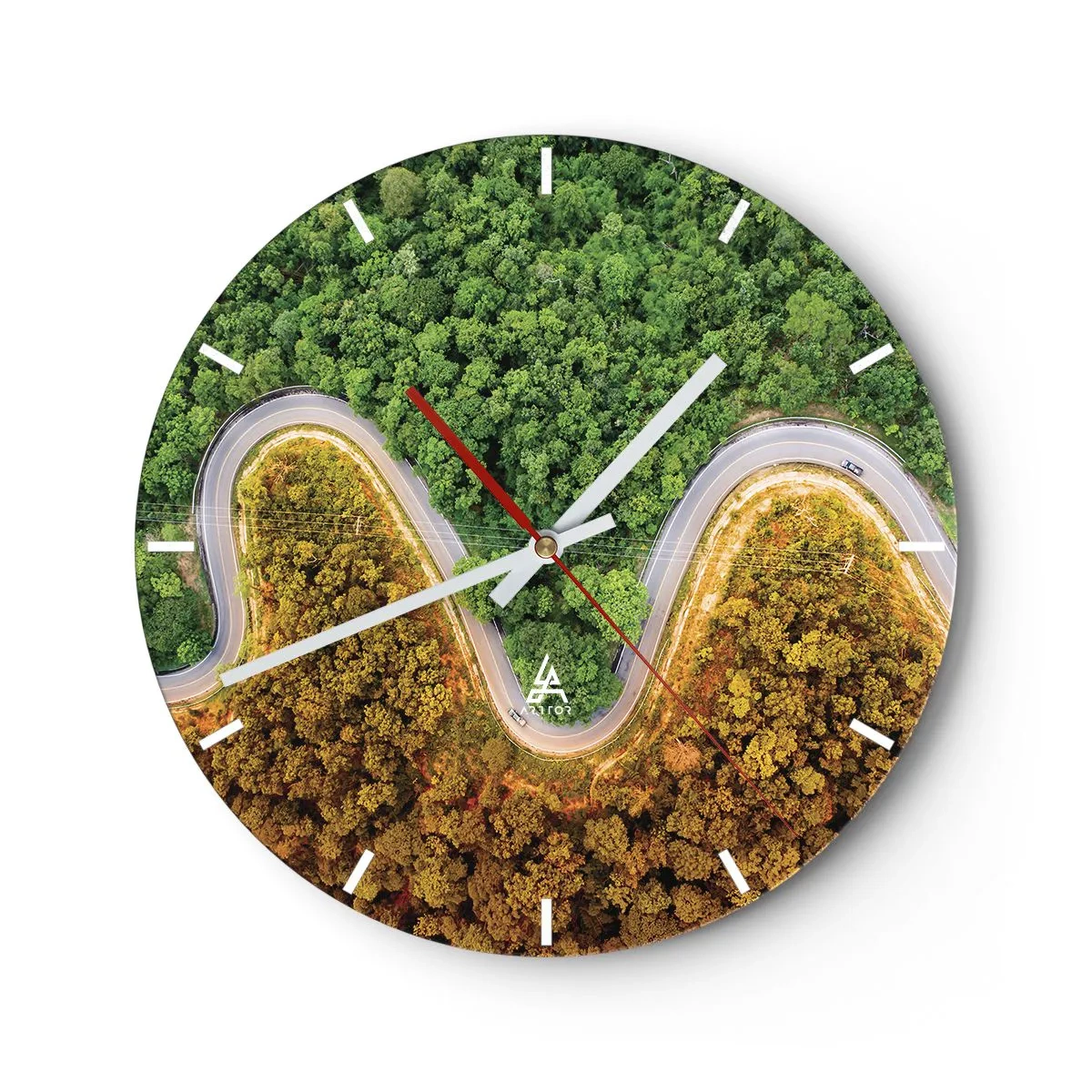 Reloj de pared - Reloj de vidrio - Una sinuosa carretera asfaltada que atraviesa el bosque vista desde arriba - 30x30cm - Frontera serpenteante - Decoración de pared moderna para salón, cocina y dormitorio ARTTOR